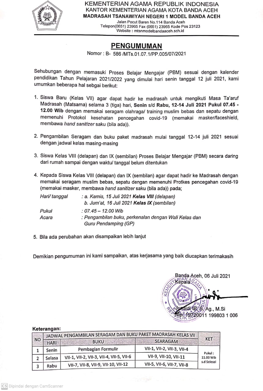 Jadwal Pelaksanaan Mos Dan Pengambilan Baju Mtsn Model Banda Aceh
